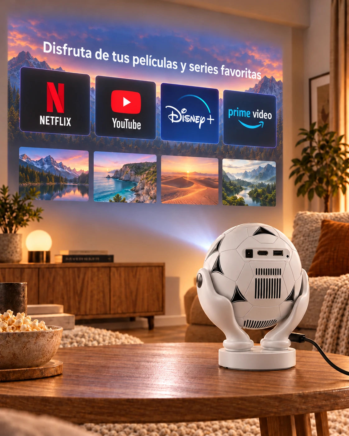 Miniproyector Projektorland Orbit Pro – 500 lúmenes ANSI, Full HD 1080p, enfoque electrónico, Android 14 y Wi-Fi 6