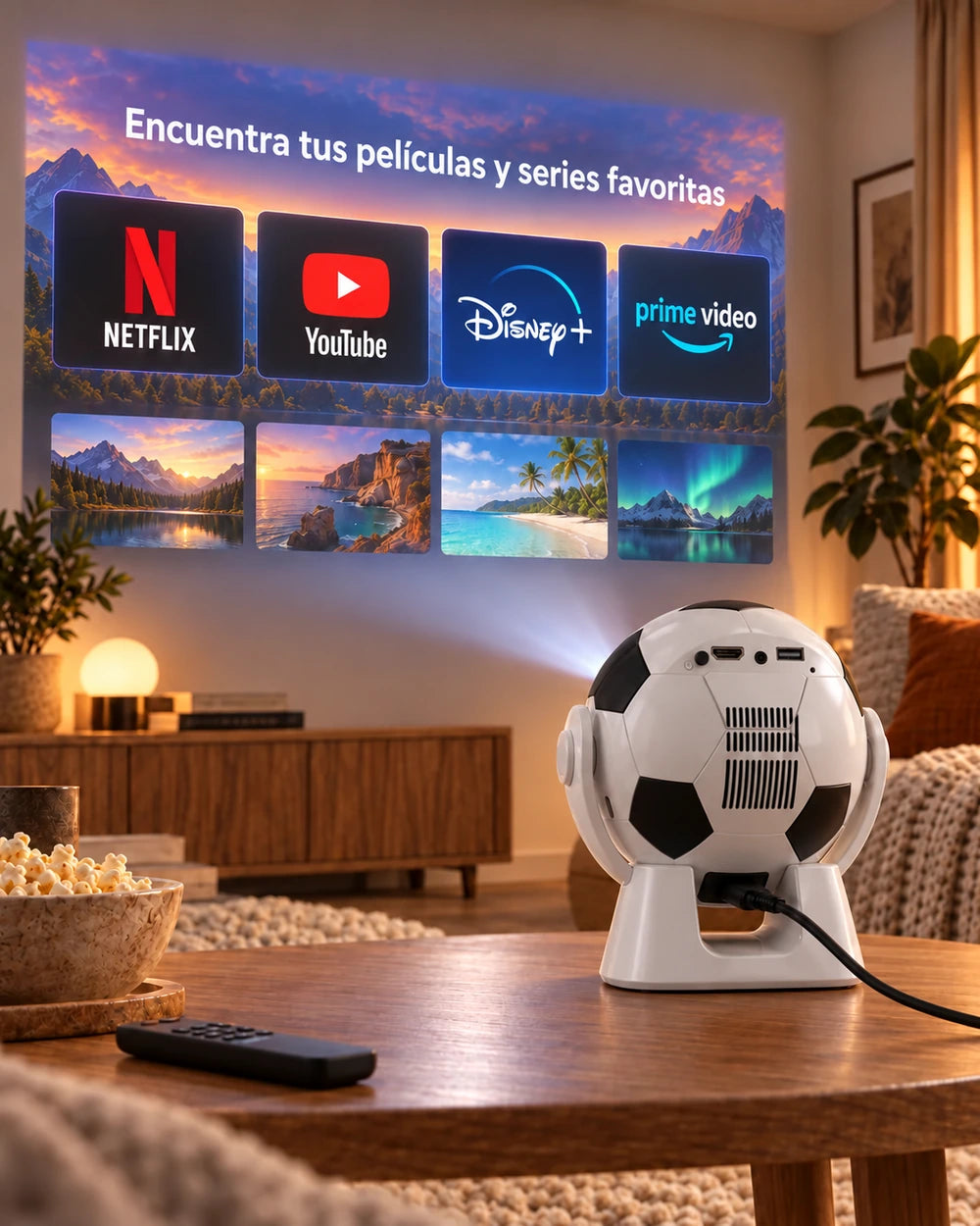 Miniproyector Projektorland Orbit – 300 lúmenes ANSI, Android 14, Wi-Fi, Bluetooth 5.4 y 35–135 pulgadas