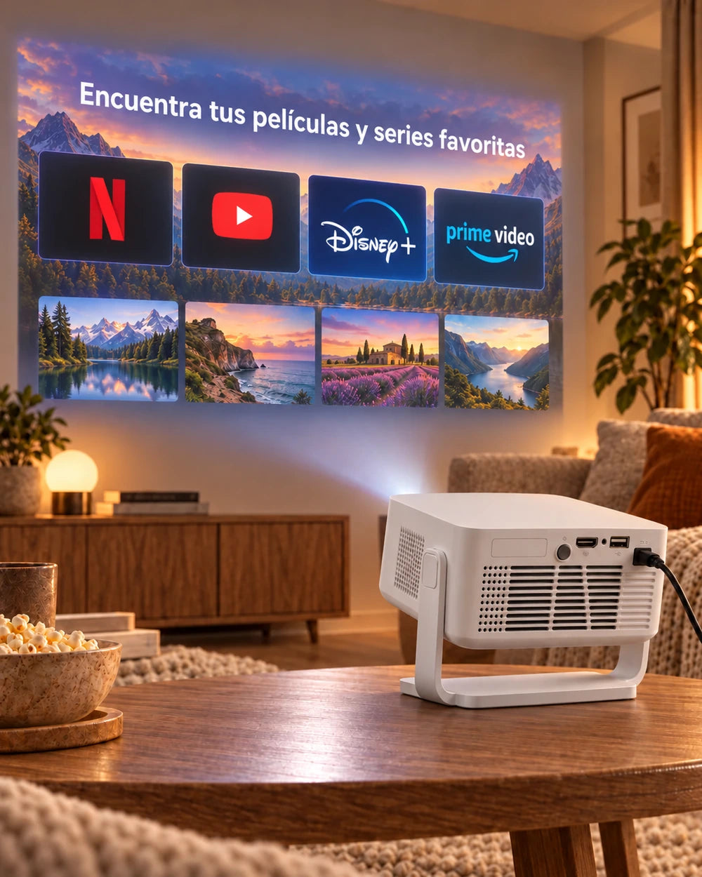 Miniproyector Projektorland Vista Max – 260 lúmenes ANSI, HD 720p, enfoque automático, Android 14 y Wi-Fi 6