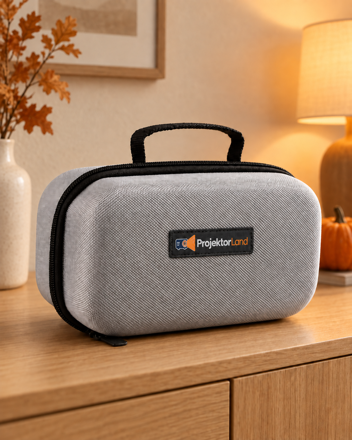 Funda protectora gris en un cálido ambiente otoñal