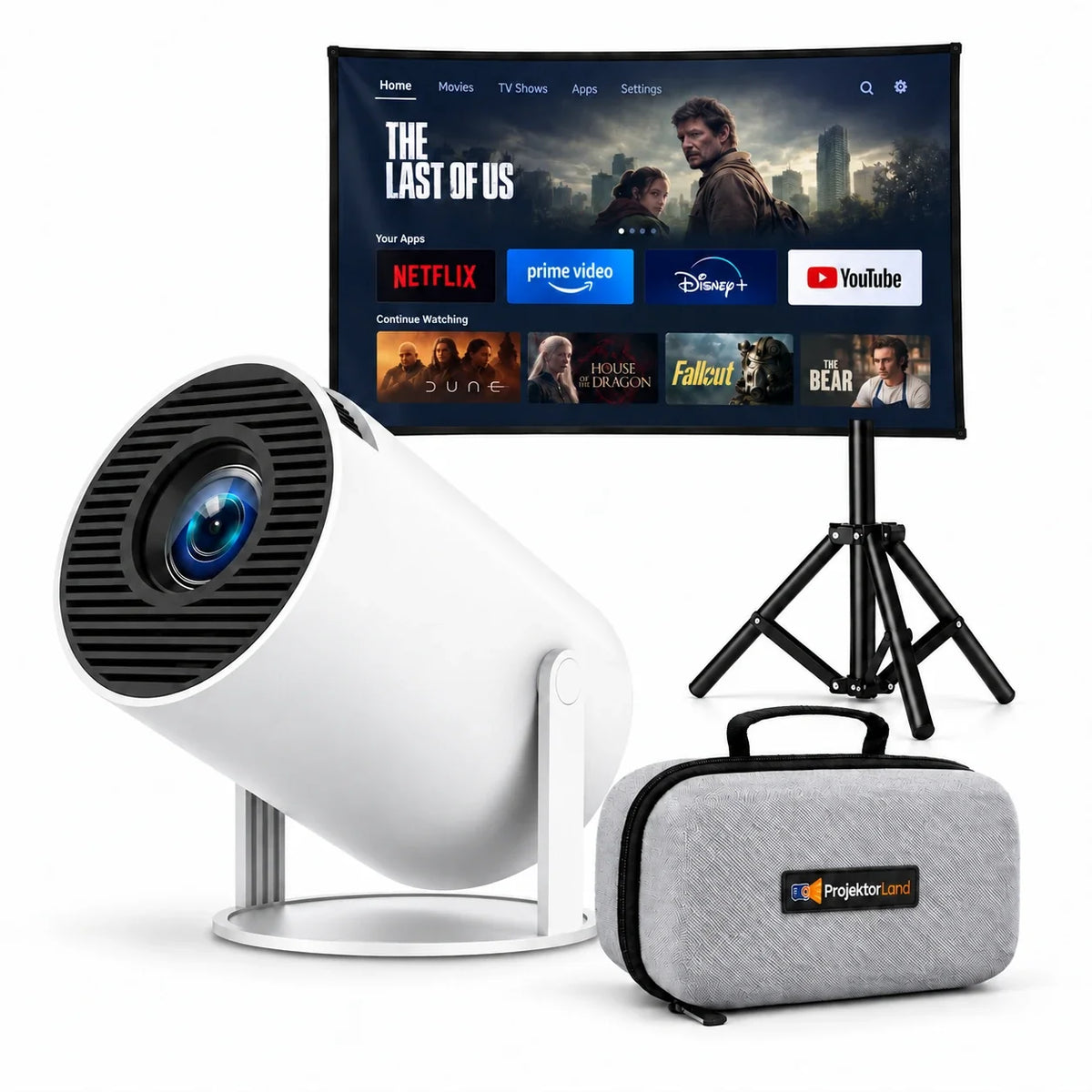 Luma Compact, proyector con pantalla, trípode y funda protectora gris