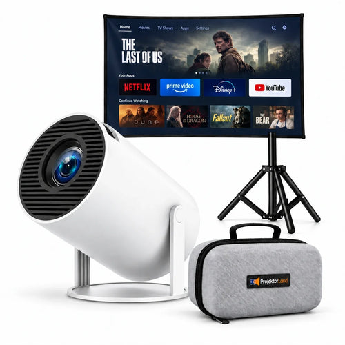 Luma Compact, proyector con pantalla, trípode y funda protectora gris