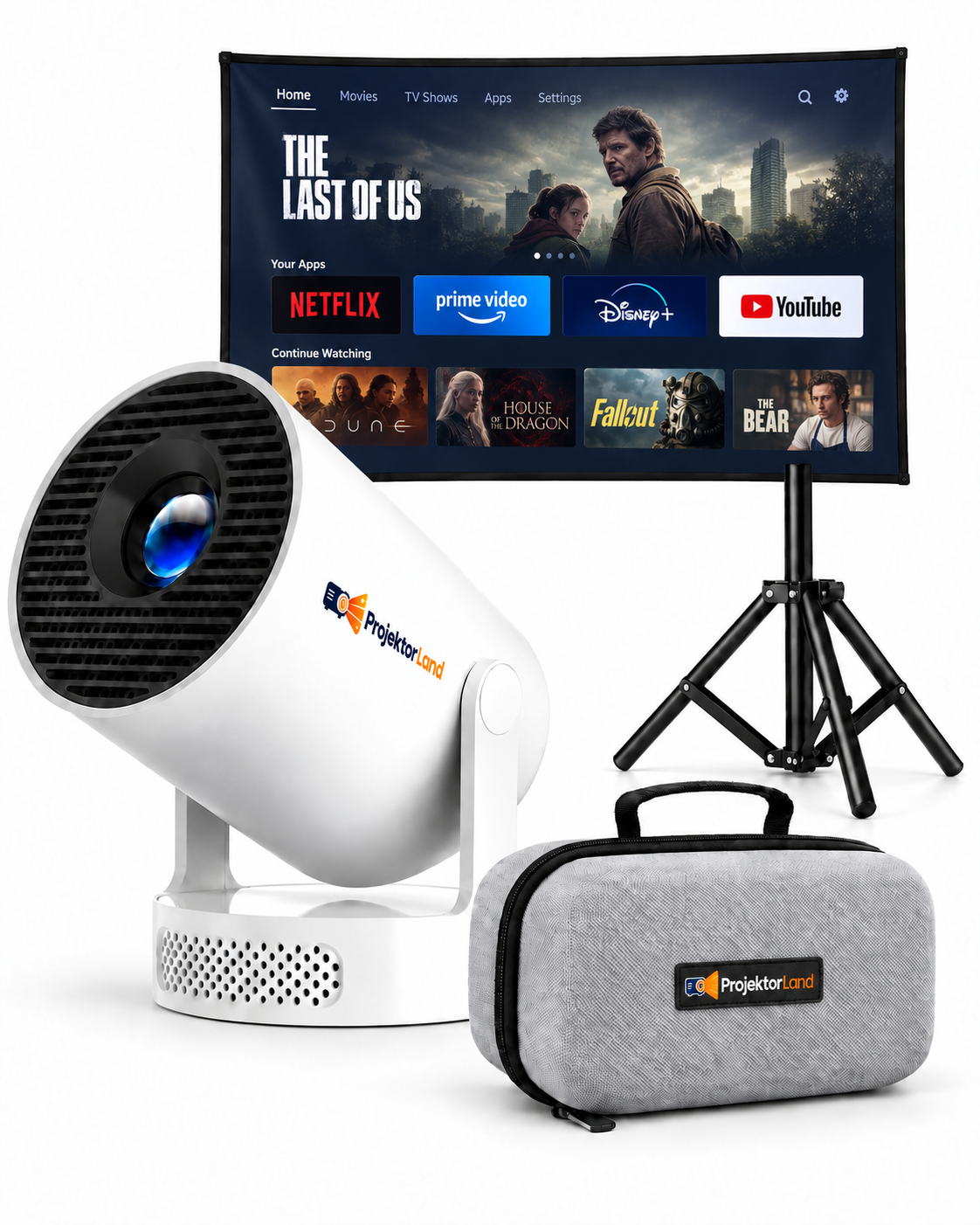 Luma One con pantalla de 80 pulgadas, trípode y bolsa ProjektorLand; vista ilustrativa de apps de streaming