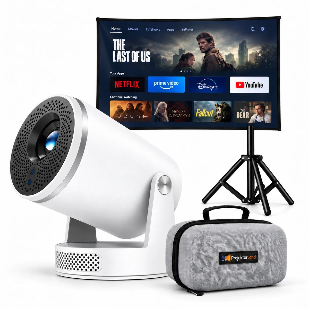 Luma Pro, proyector con pantalla, trípode y funda protectora gris