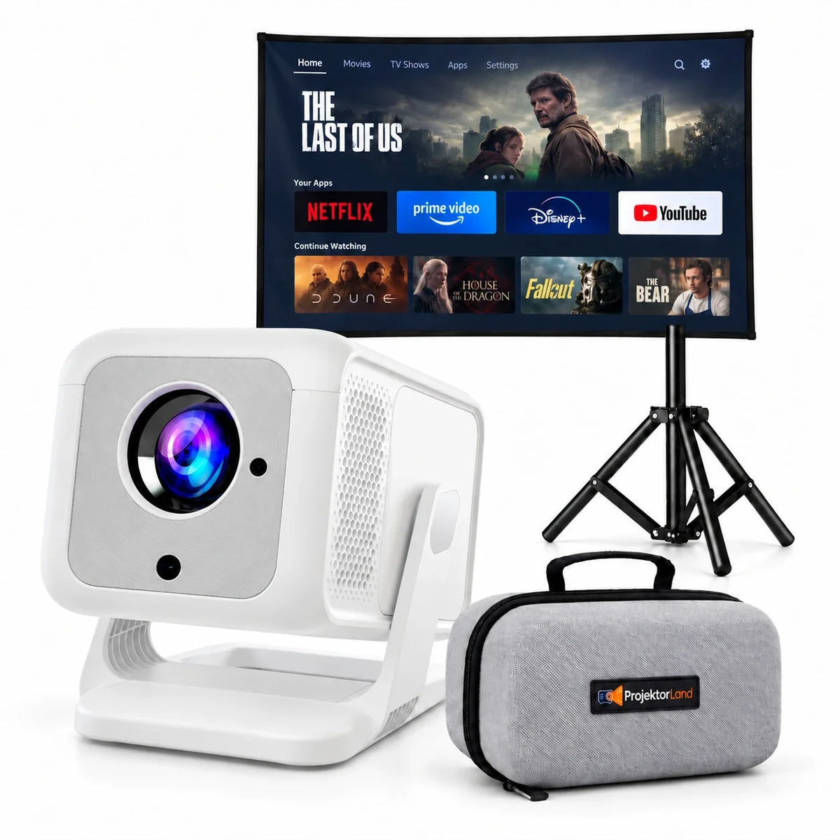Nova Plus, proyector con pantalla, trípode y funda protectora gris