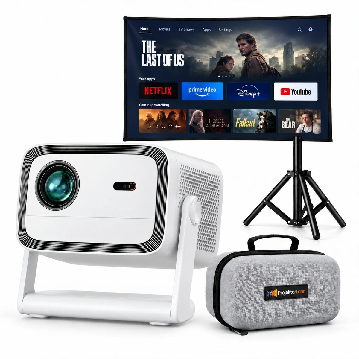 Panorama, proyector con pantalla, trípode y funda protectora gris