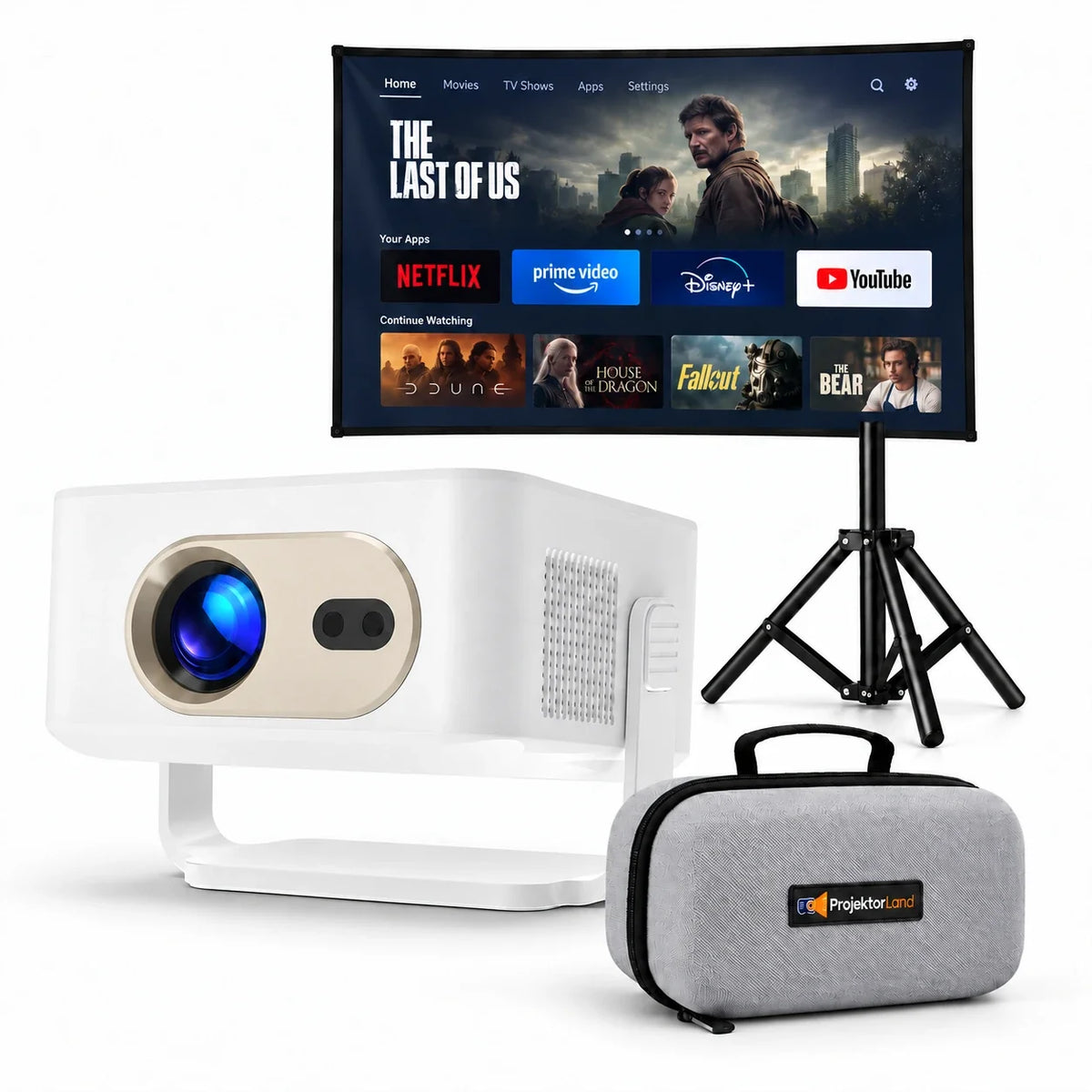 Vista, proyector con pantalla, trípode y funda protectora gris