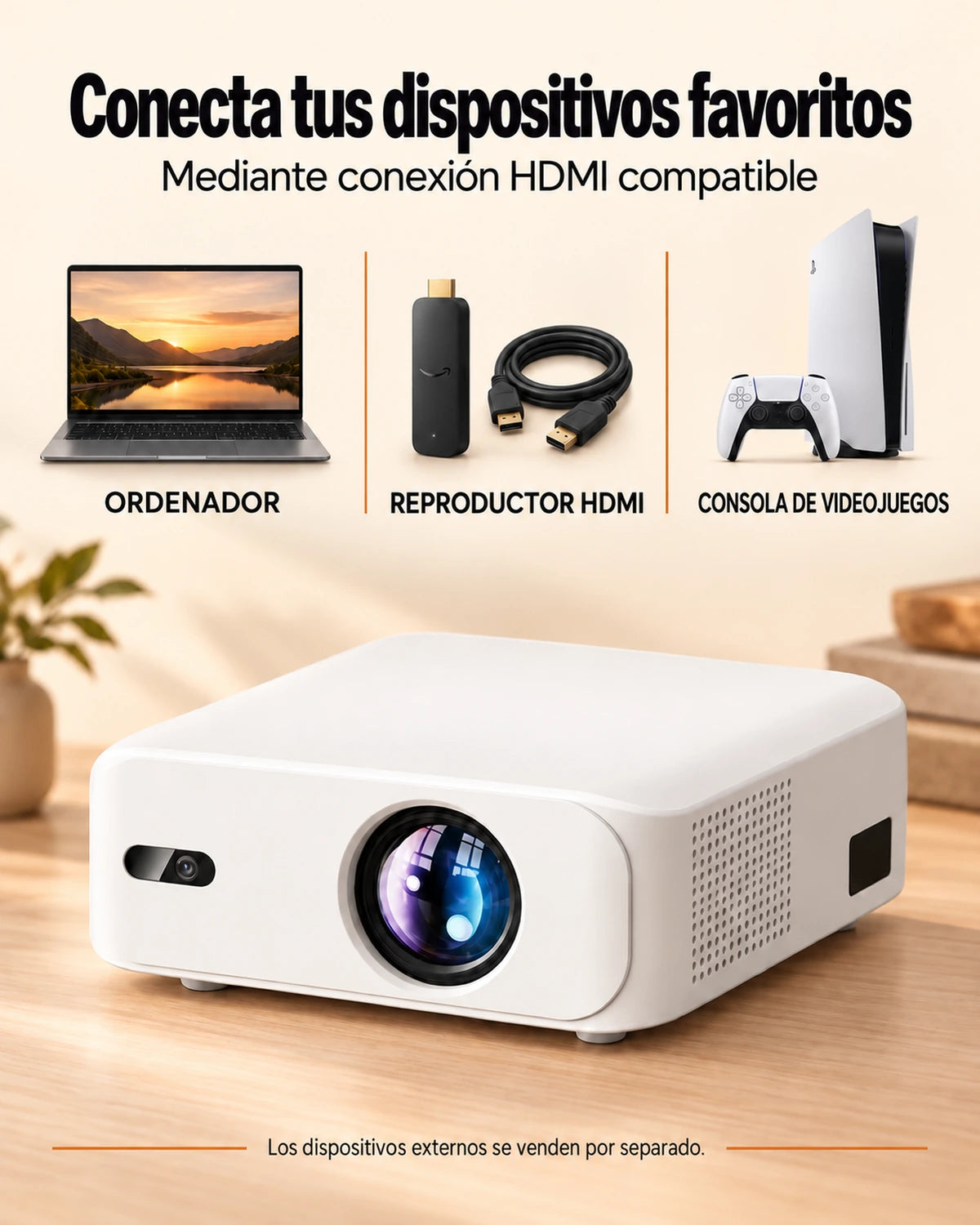 Proyector Projektorland Horizon – 800 lúmenes ANSI, Full HD 1080p, HDMI, corrección trapezoidal digital y altavoz integrado