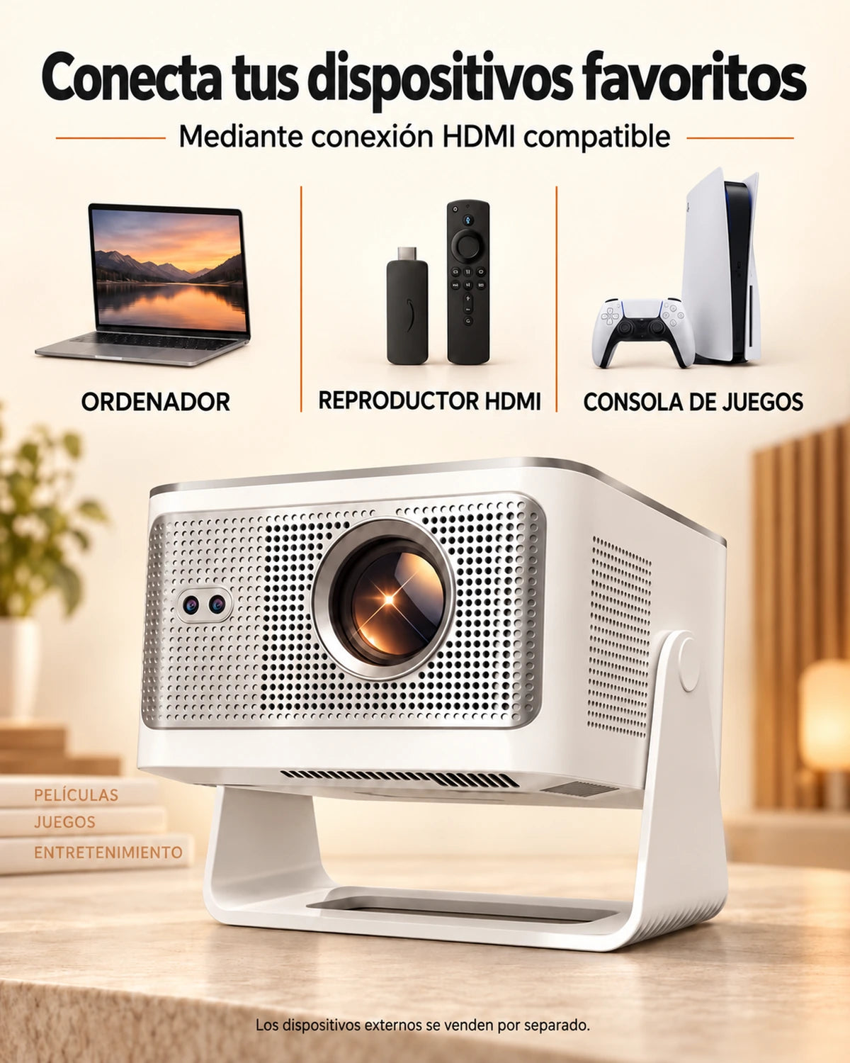 Proyector Projektorland Horizon Max – 600 lúmenes ANSI, Full HD 1080p, enfoque automático, Android 14, Wi-Fi 6 y Bluetooth 5.4