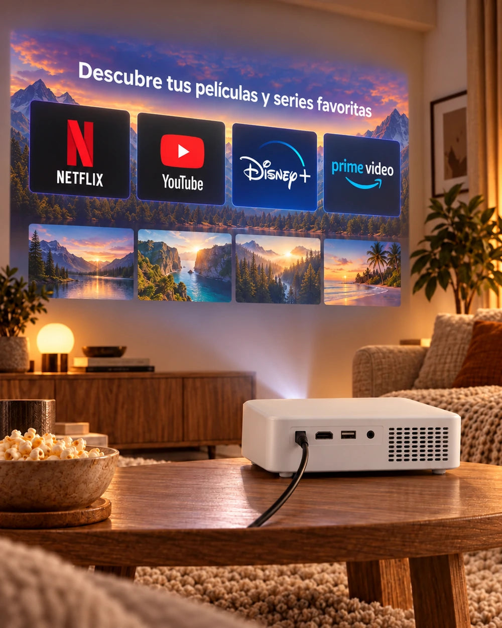 Proyector Projektorland Horizon – 800 lúmenes ANSI, Full HD 1080p, HDMI, corrección trapezoidal digital y altavoz integrado