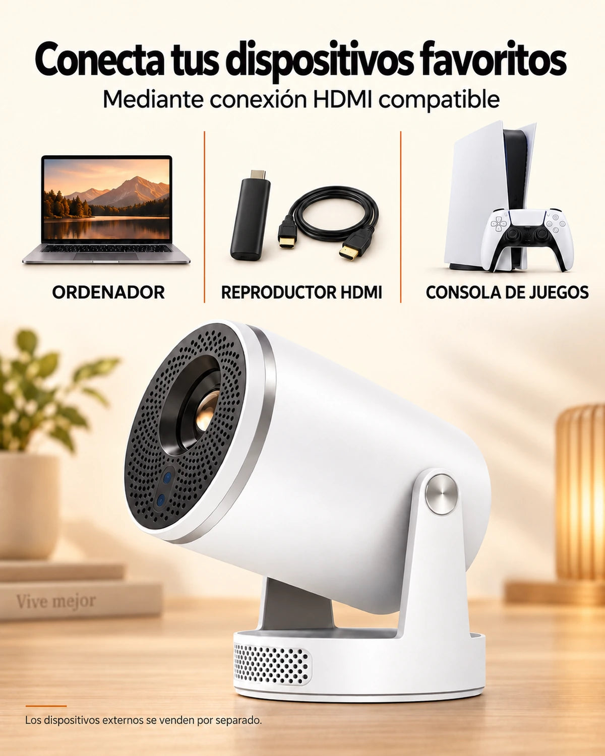 Miniproyector Projektorland Luma Pro – 400 lúmenes ANSI, Full HD 1080p, enfoque automático, Android 14 y Wi-Fi 6