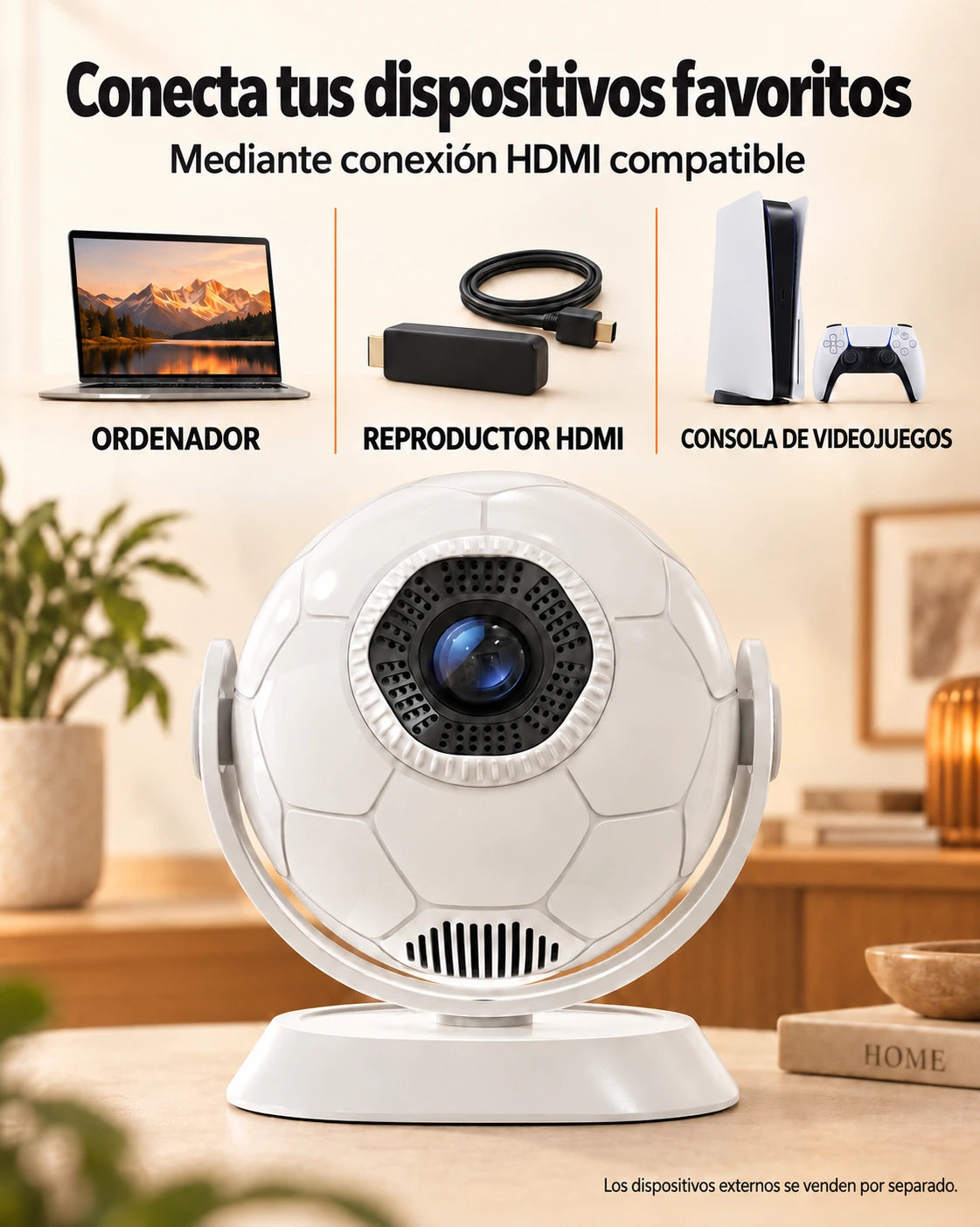 Miniproyector Projektorland Orbit – 300 lúmenes ANSI, Android 14, Wi-Fi, Bluetooth 5.4 y 35–135 pulgadas