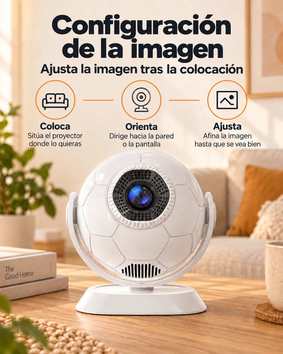 Miniproyector Projektorland Orbit – 300 lúmenes ANSI, Android 14, Wi-Fi, Bluetooth 5.4 y 35–135 pulgadas