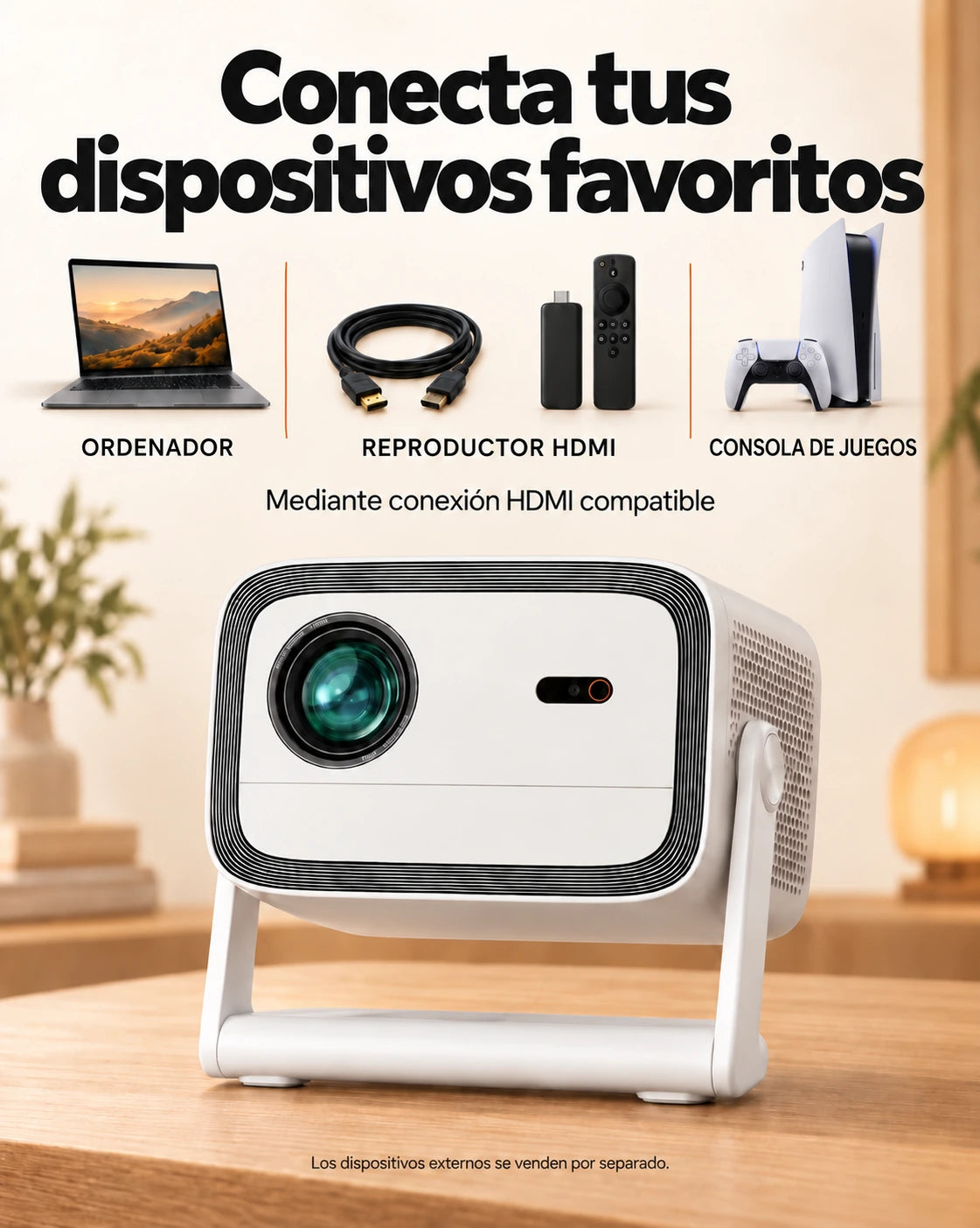 Proyector Projektorland Panorama – 900 lúmenes ANSI, Full HD 1080p, Android TV 11, enfoque automático y soporte de 200°