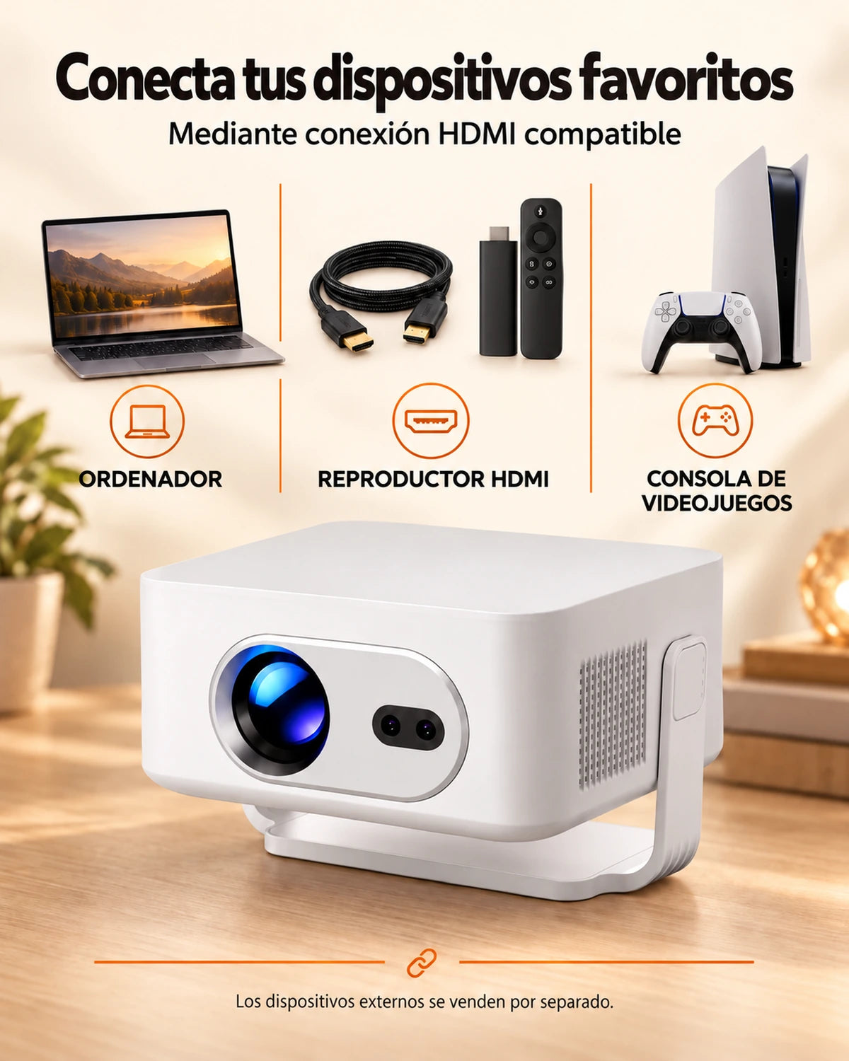 Miniproyector Projektorland Vista Max – 260 lúmenes ANSI, HD 720p, enfoque automático, Android 14 y Wi-Fi 6