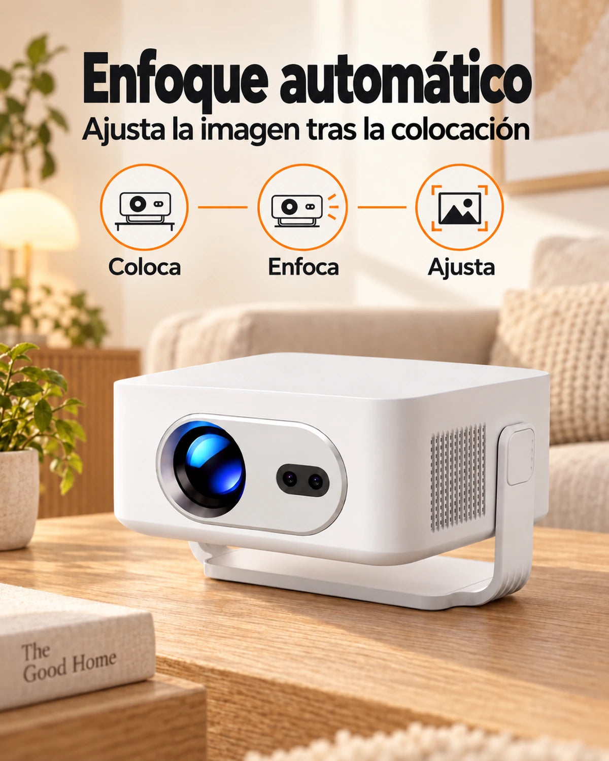 Miniproyector Projektorland Vista Max – 260 lúmenes ANSI, HD 720p, enfoque automático, Android 14 y Wi-Fi 6